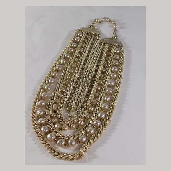 Vintage 70s Seven Chain and Faux Pearl Choker Necklace - Picture 2 of 6
